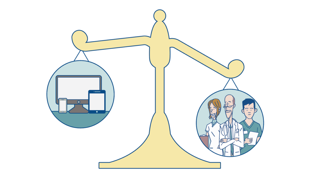 an animated scale showing technology on one side and doctors on the other side