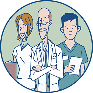 Cartoon animation of three healthcare professions standing next to each other and working together