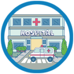 Cartoon animation of a hospital with an ambulance outside of it