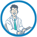 Cartoon animation of a doctor working at his laptop