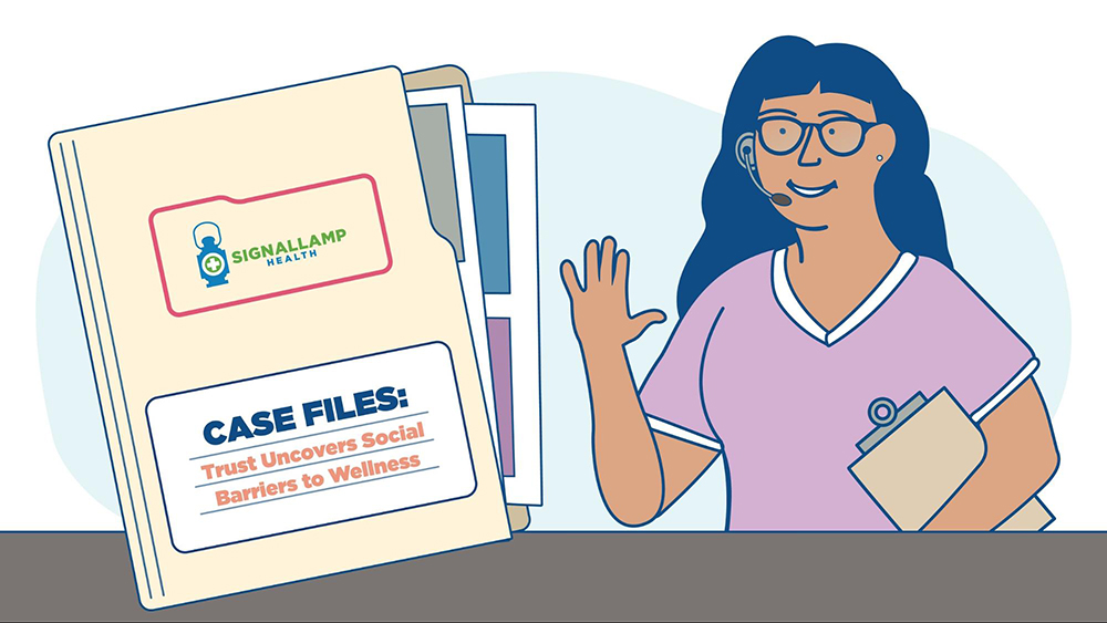 Teleheath nurse with a headset on next to a file that is labeled "Case Files: Trust Uncovers Social Barriers to Wellness"