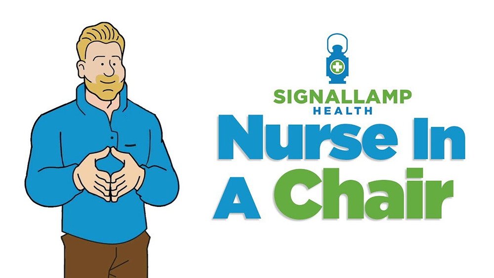 Signallamp Health Nurse in a Chair with Cartoon man standing next to text