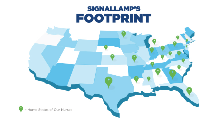 A map showing Signallamp's Footprint & the home states of our nurses