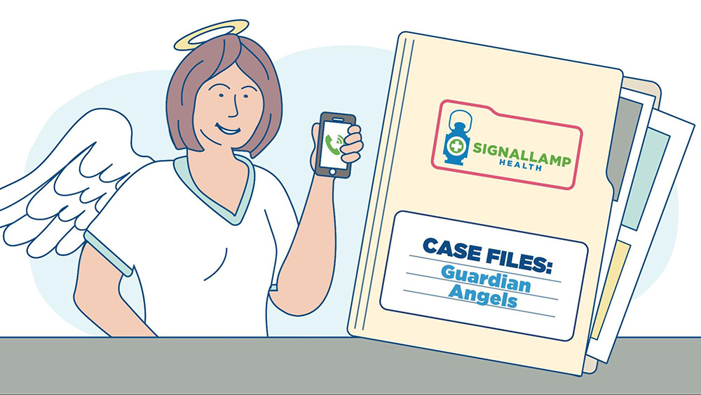 A nurse dressed as an angel holding a phone next to a file that is labeled "Case Files: Guardian Angels"