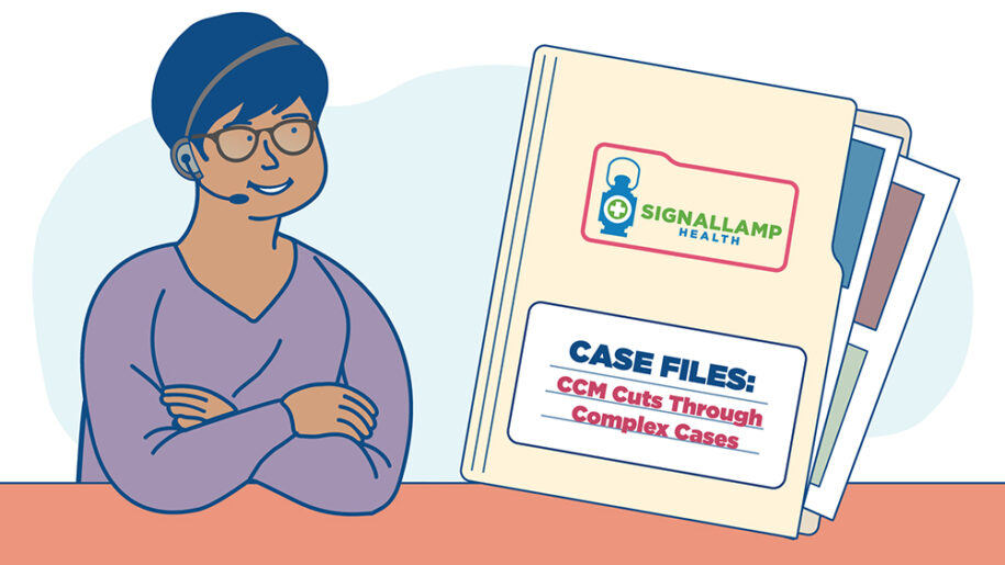 A telehealth communicator next to a file labeled "Case Files: CCM Cuts Through Complex Cases"